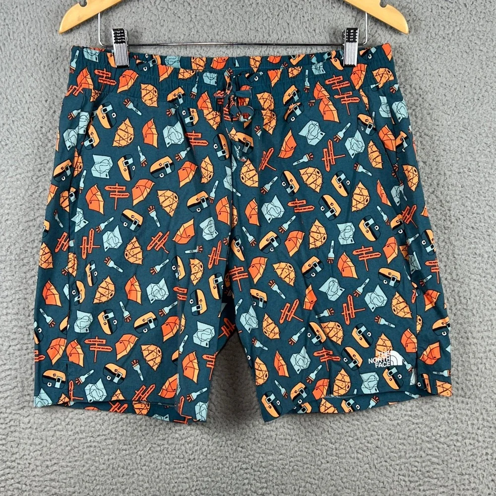 The North Face Mens Class V Camping Print Shorts Teal Orange‎ Large Novelty L